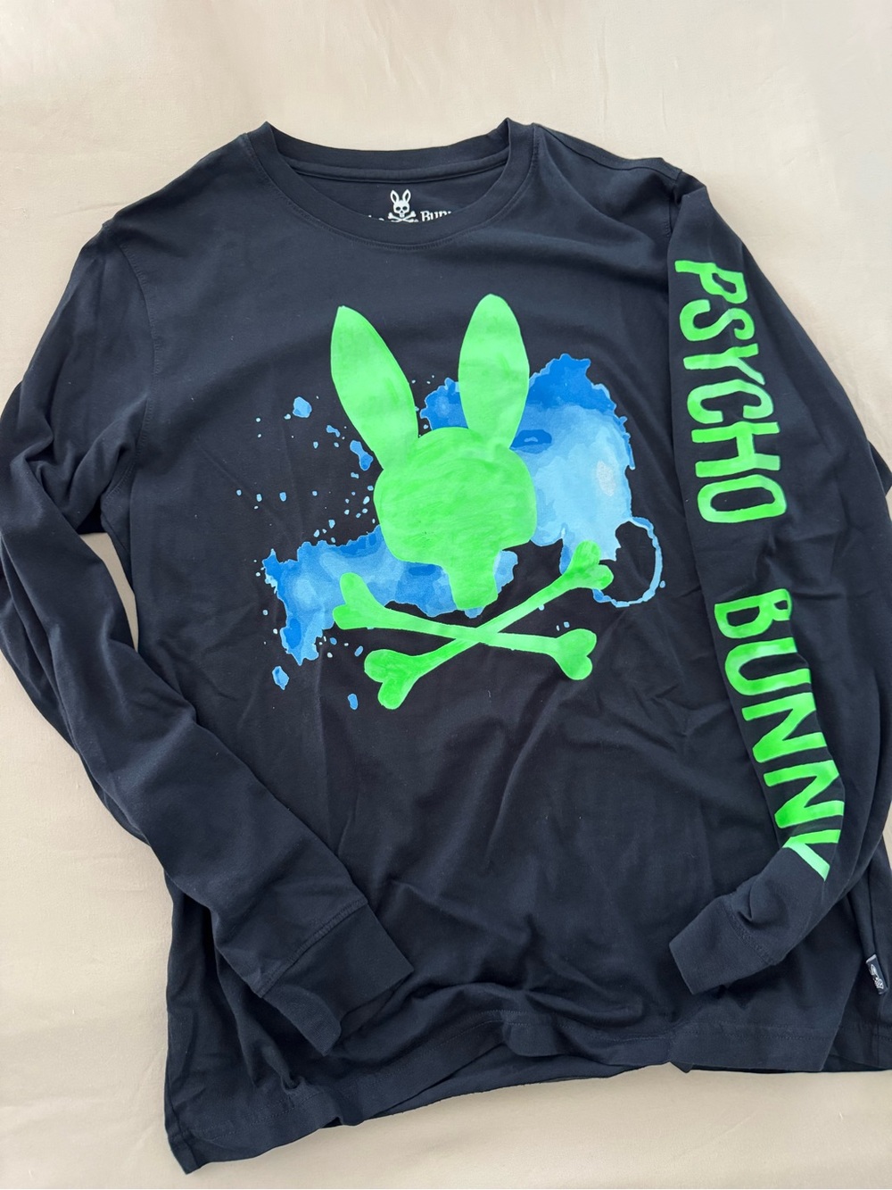 Psycho Bunny Black Long-Sleeve Tee with Neon Green & Blue Graphic